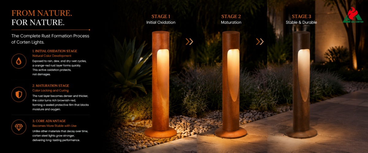 The Complete Formation Process of a Stable Rust Layer on Corten Lights